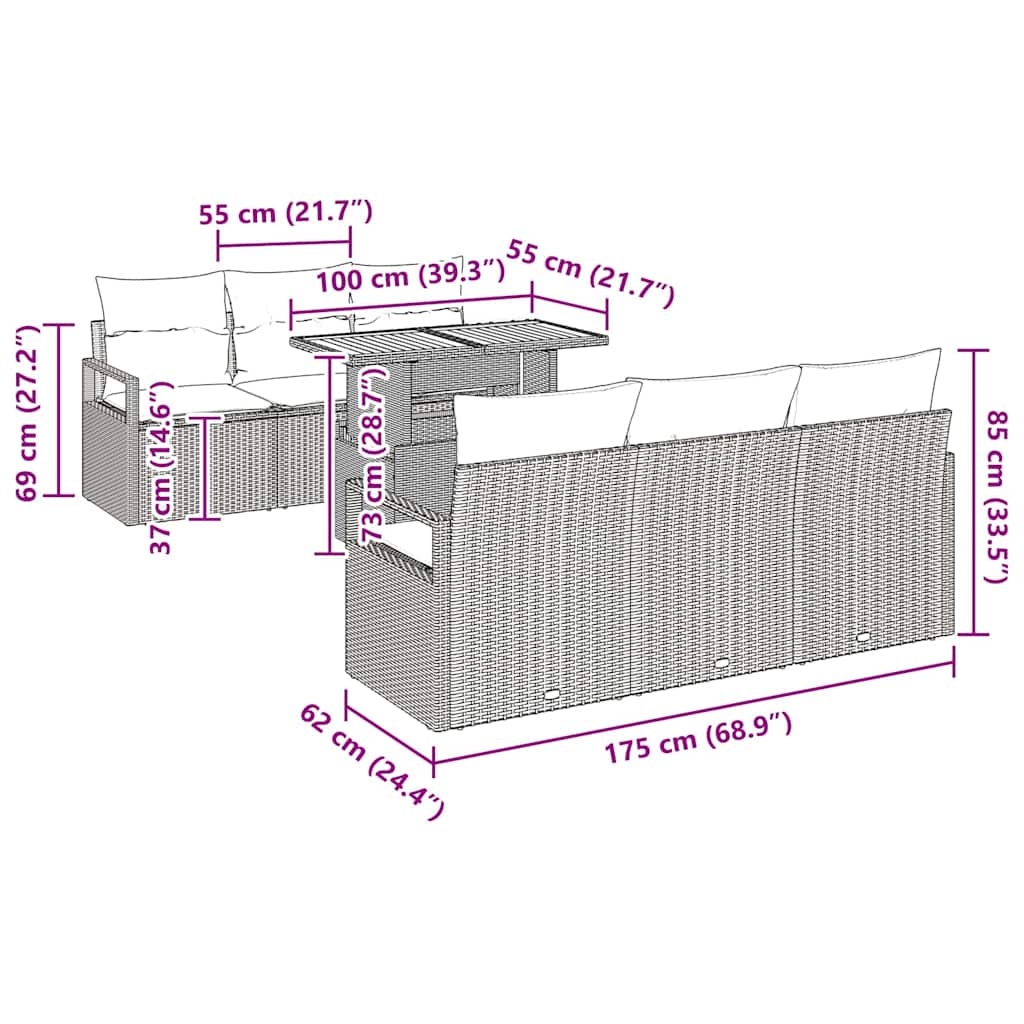vidaXL 7 Τεμαχίων Σετ Καναπέ Κήπου με Μαξιλάρια Μαύρο Πολυ Ρατάν Ακακία