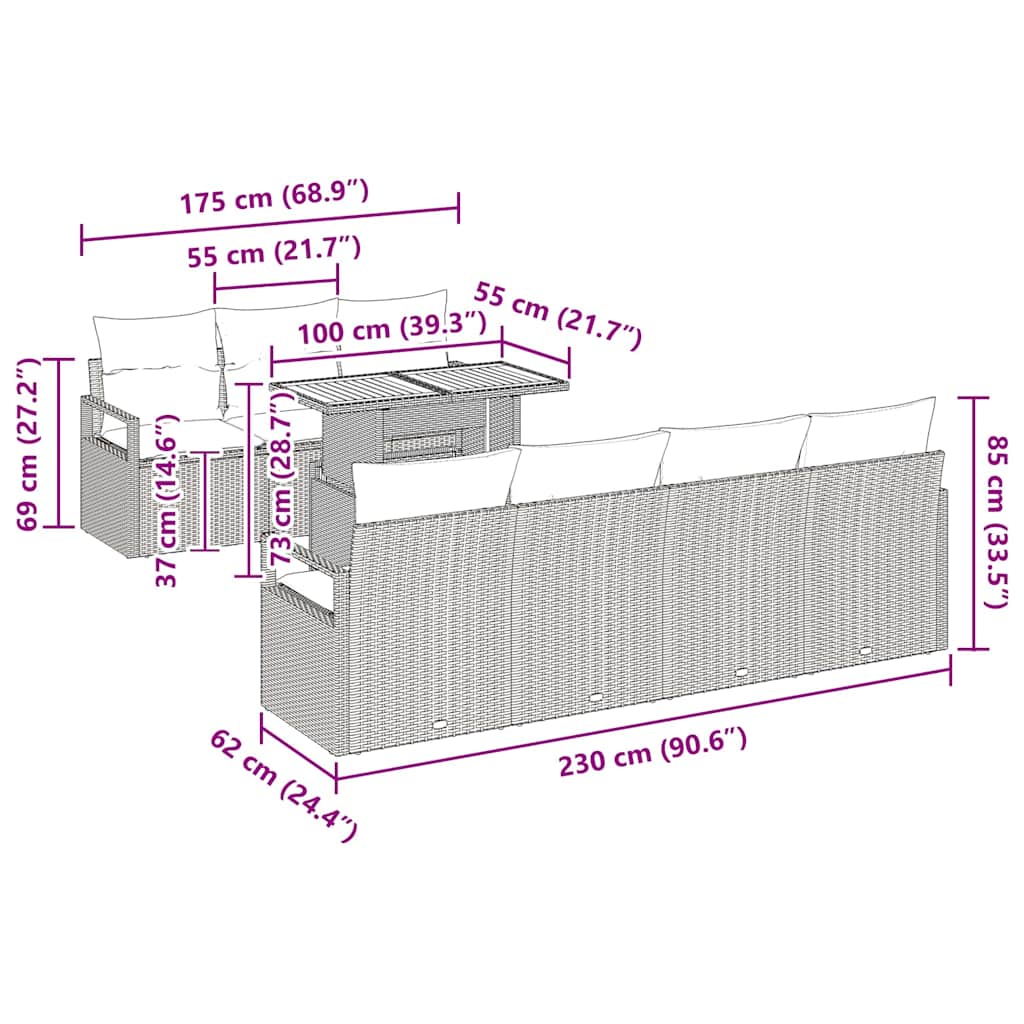 vidaXL Σετ Καναπέ Κήπου 8 pcs Μαύρο 6-άτομα Ράτταν και Αλουμίνιο