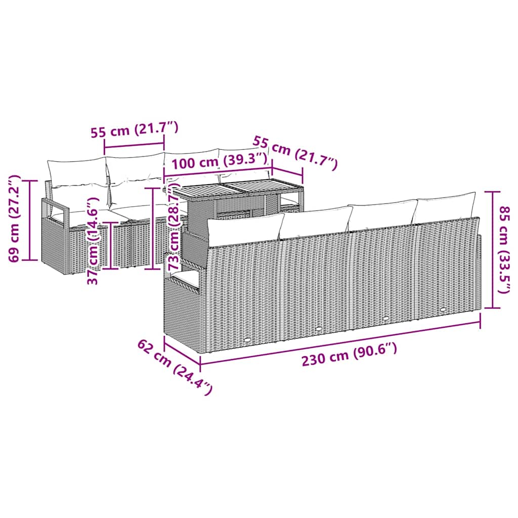 vidaXL Σετ Καναπέ Κήπου με μαξιλάρι 9 pcs Μαύρο, Καφέ 100 x 55 x 73 εκ
