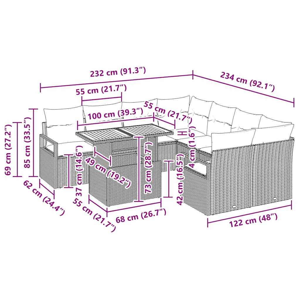 vidaXL Σέτ φαγητού για κήπο 9 pcs Μπεζ και Γκρι 100 x 55 x 73 εκ