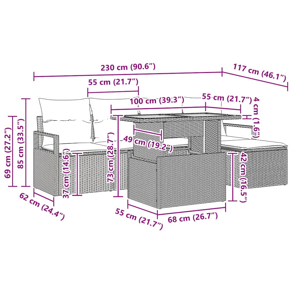 vidaXL Σετ Σαλονιού Κήπου 6 κομματιών με Μαξιλάρια Μαύρο Πολυεστερικό Ρατάν Ακακία