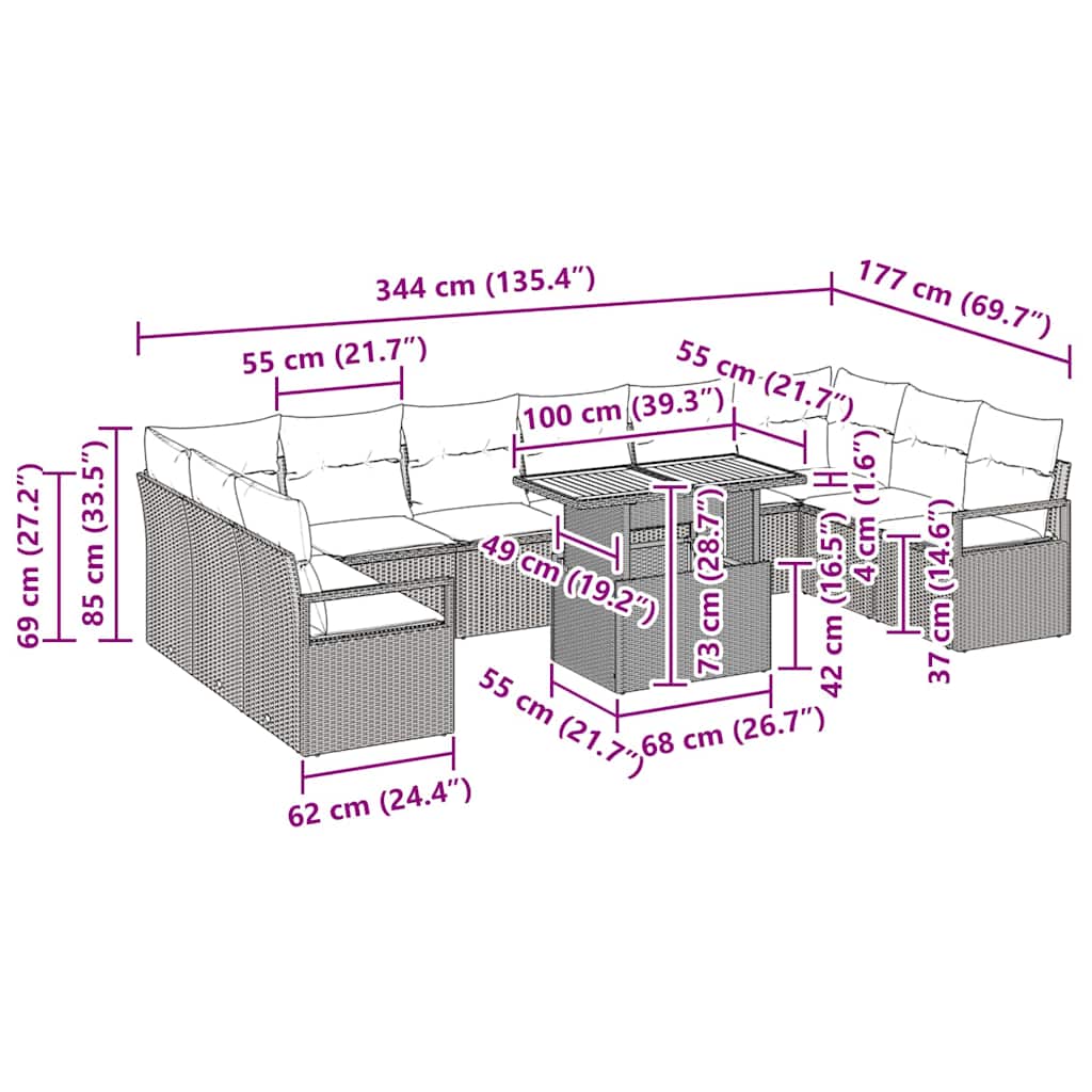 vidaXL Σετ Καναπέ Κήπου 11 Τεμαχίων Με Μαξιλάρια Μαύρο Πολυ Ρατάν Ακακία