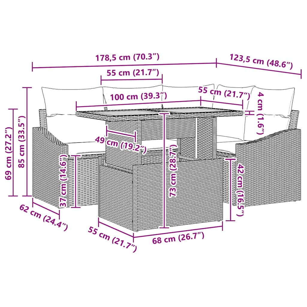 vidaXL Σετ 5 Τεμαχίων Κήπου με Μαξιλάρια Γκρι Πολυ Ρατάν Ακασίας