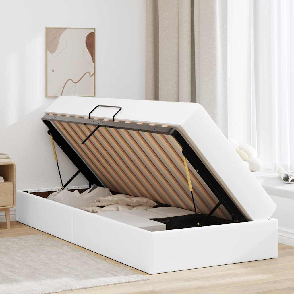vidaXL Κρεβάτι με αποθηκευτικό χώρο και στρώμα 2 pcs Λευκό Δέρμα