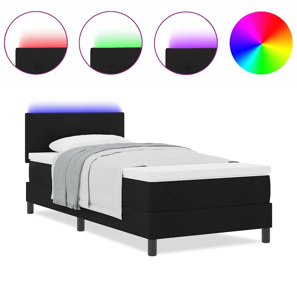 vidaXL Κρεβάτι Box Spring με Ματ ΚΑΙ LED Μαύρο 90x200 εκ Ύφασμα