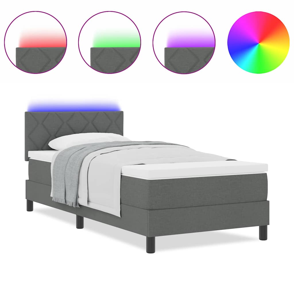 vidaXL Κρεβάτι με ελατήριο & στρώμα & LED Σκούρο Γκρι 90x190 εκ. Ύφασμα