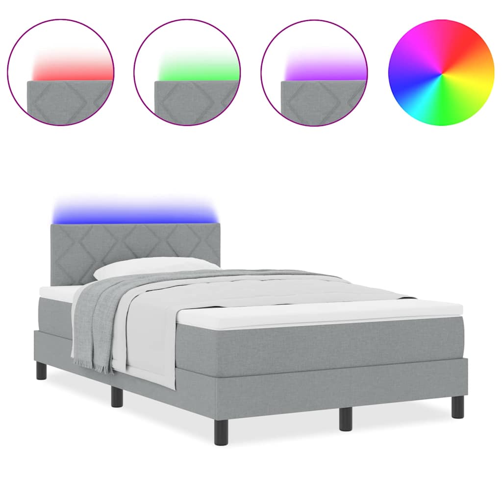 vidaXL Box Spring Bed με Στρώμα & LED Ανοιχτό Γκρι 120x200 εκ. Ύφασμα