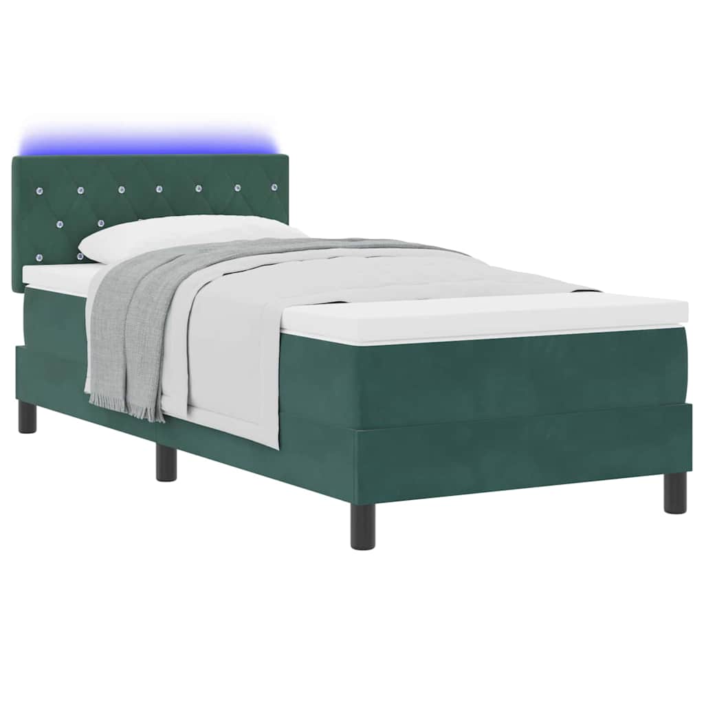 vidaXL Κρεβάτι Box Spring με Στρώμα & LED Σκούρο Πράσινο 90x200 εκ Βελούδο
