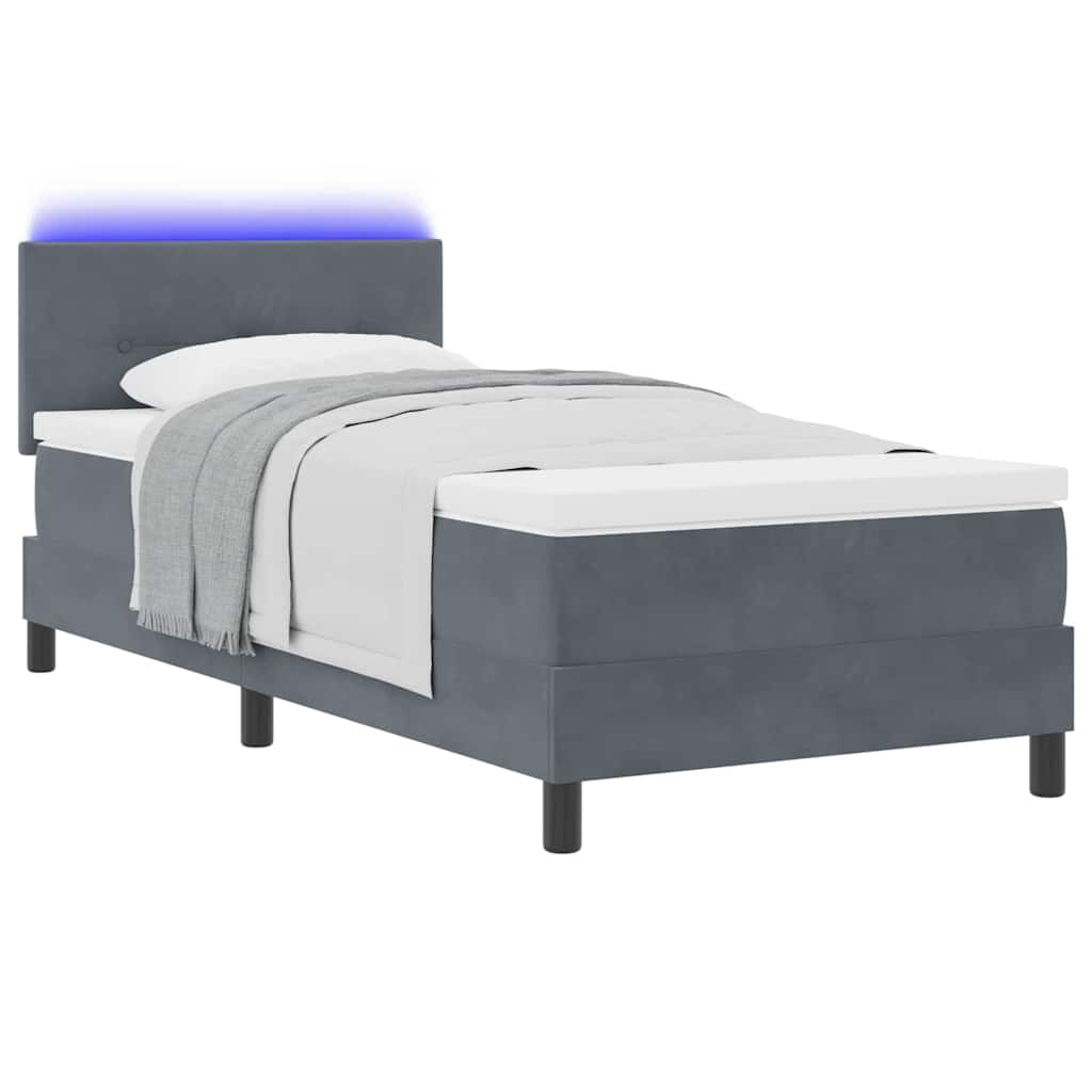 vidaXL Κρεβάτι Box Spring με Στρώμα & LED Σκούρο Γκρι 90x190 εκ. Βελούδινο