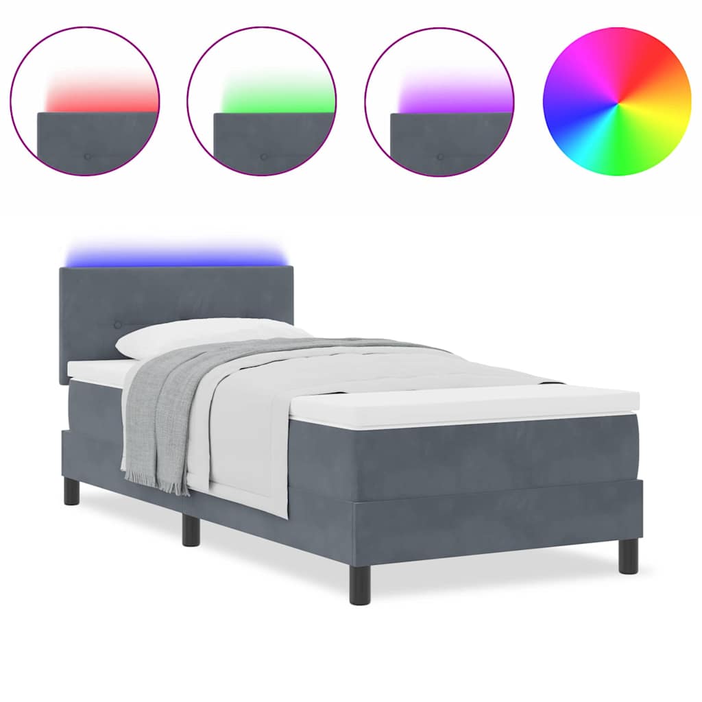 κρεβάτι box spring vidaXL με στρώμα & LED σκοτεινό γκρι 90x200 εκ. Βελούδο