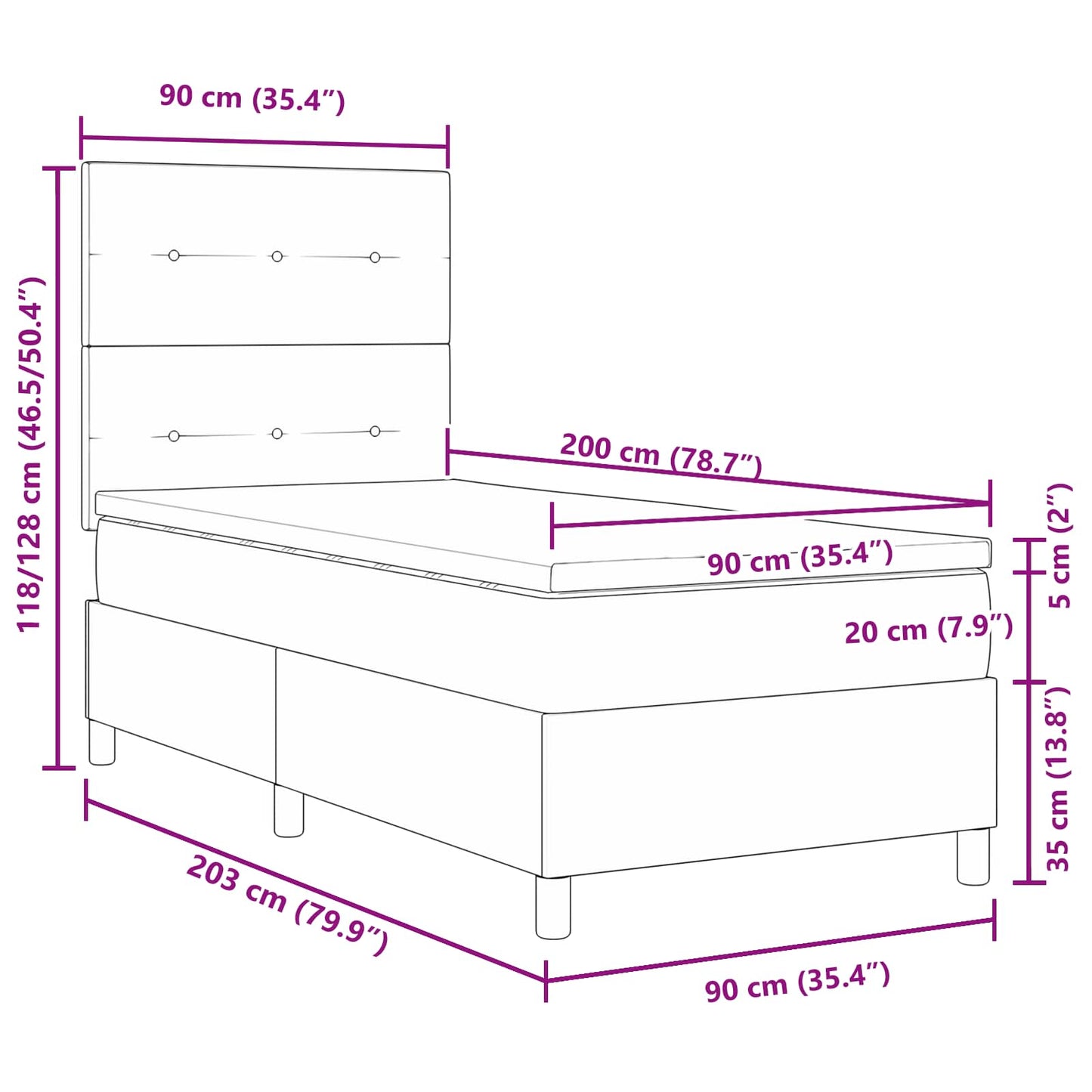 vidaXL Κρεβάτι με ελατήρια με κεφαλάρι Μαύρο 90 x 200 cm ύφασμα
