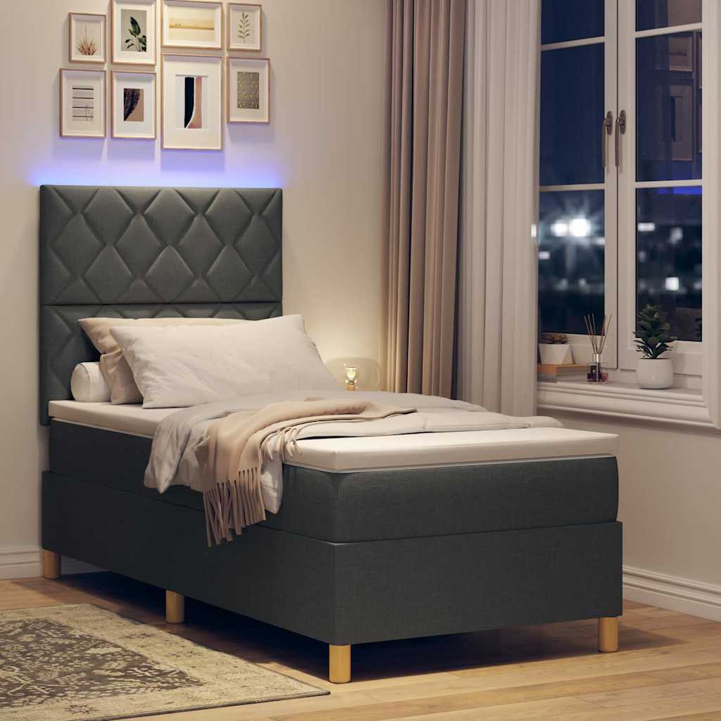 vidaXL LED Κρεβάτι με βάθρο με κεφαλάρι Σκούρο Γκρι 90 x 190 cm ύφασμα