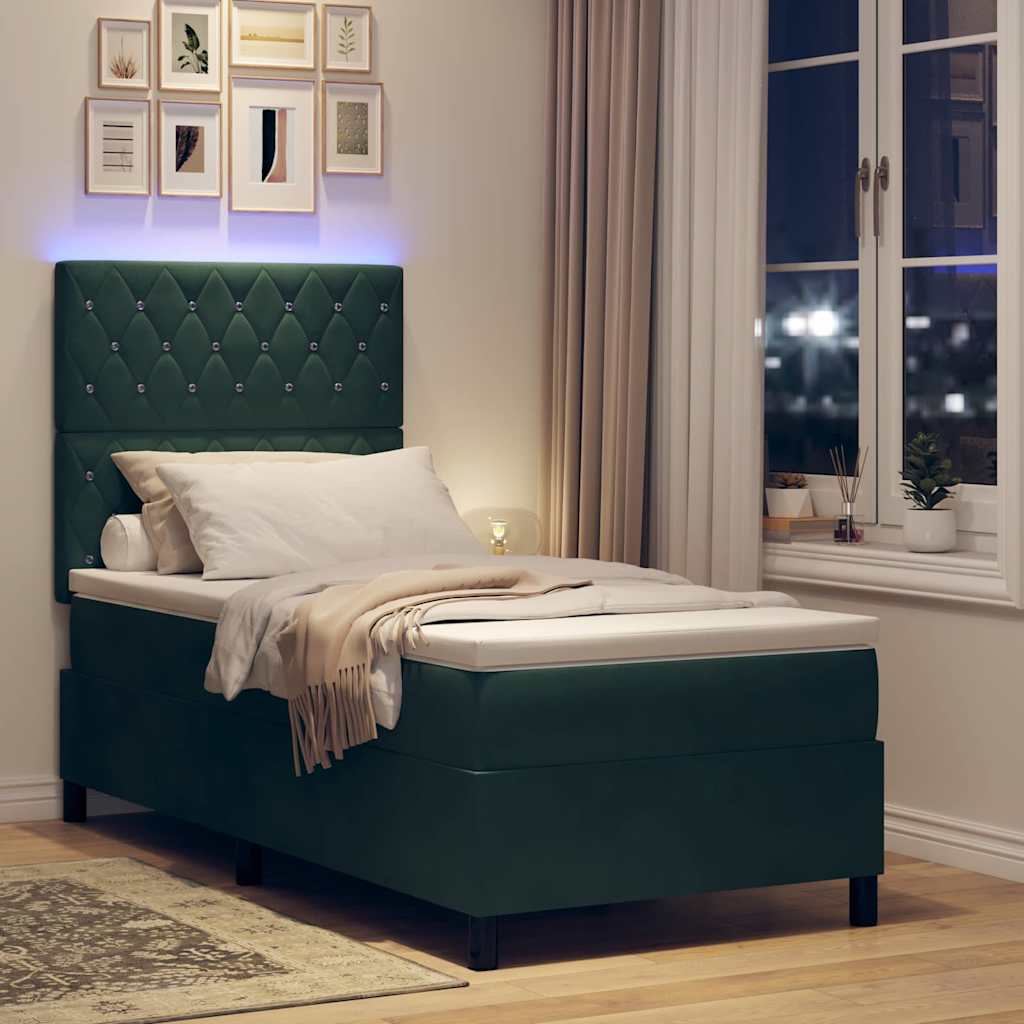 vidaXL LED Κρεβάτι με βάθρο Σκούρο Πράσινο 90 x 190 cm Βελούδο
