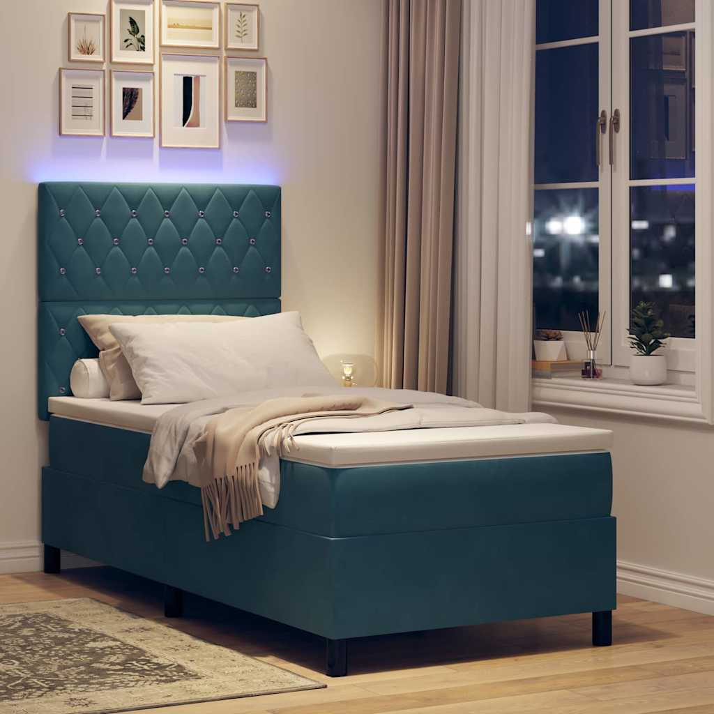 vidaXL LED Κρεβάτι με βάθρο με στρώμα Σκούρο Μπλε 100 x 200 cm Βελούδο