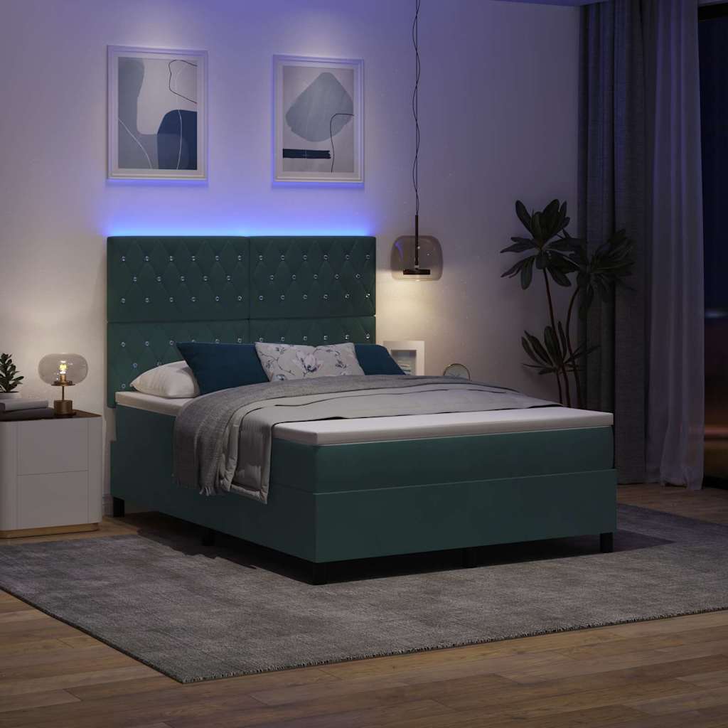 vidaXL LED Κρεβάτι με βάθρο Σκούρο Πράσινο 140 x 200 cm Βελούδο