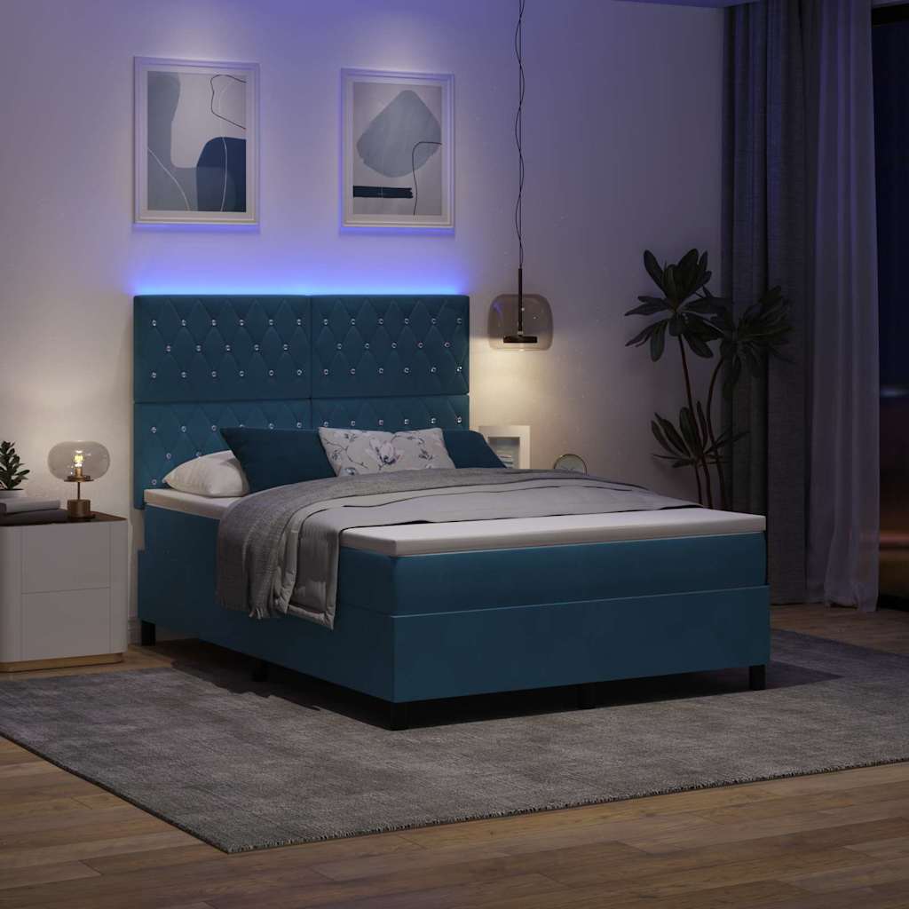 vidaXL LED Κρεβάτι με βάθρο με στρώμα Σκούρο Μπλε 140 x 200 cm Βελούδο