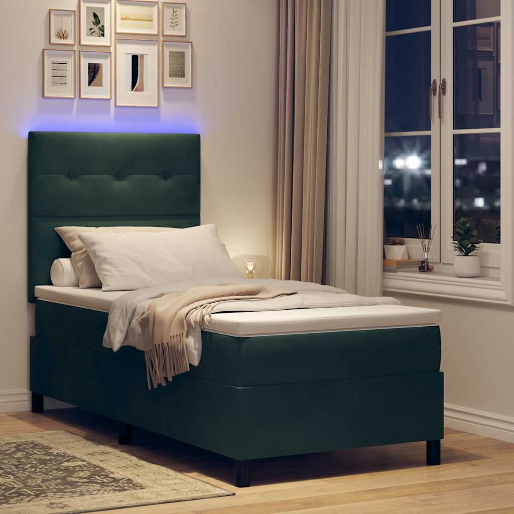 vidaXL LED Κρεβάτι με βάθρο Σκούρο Πράσινο 90 x 200 cm Βελούδο