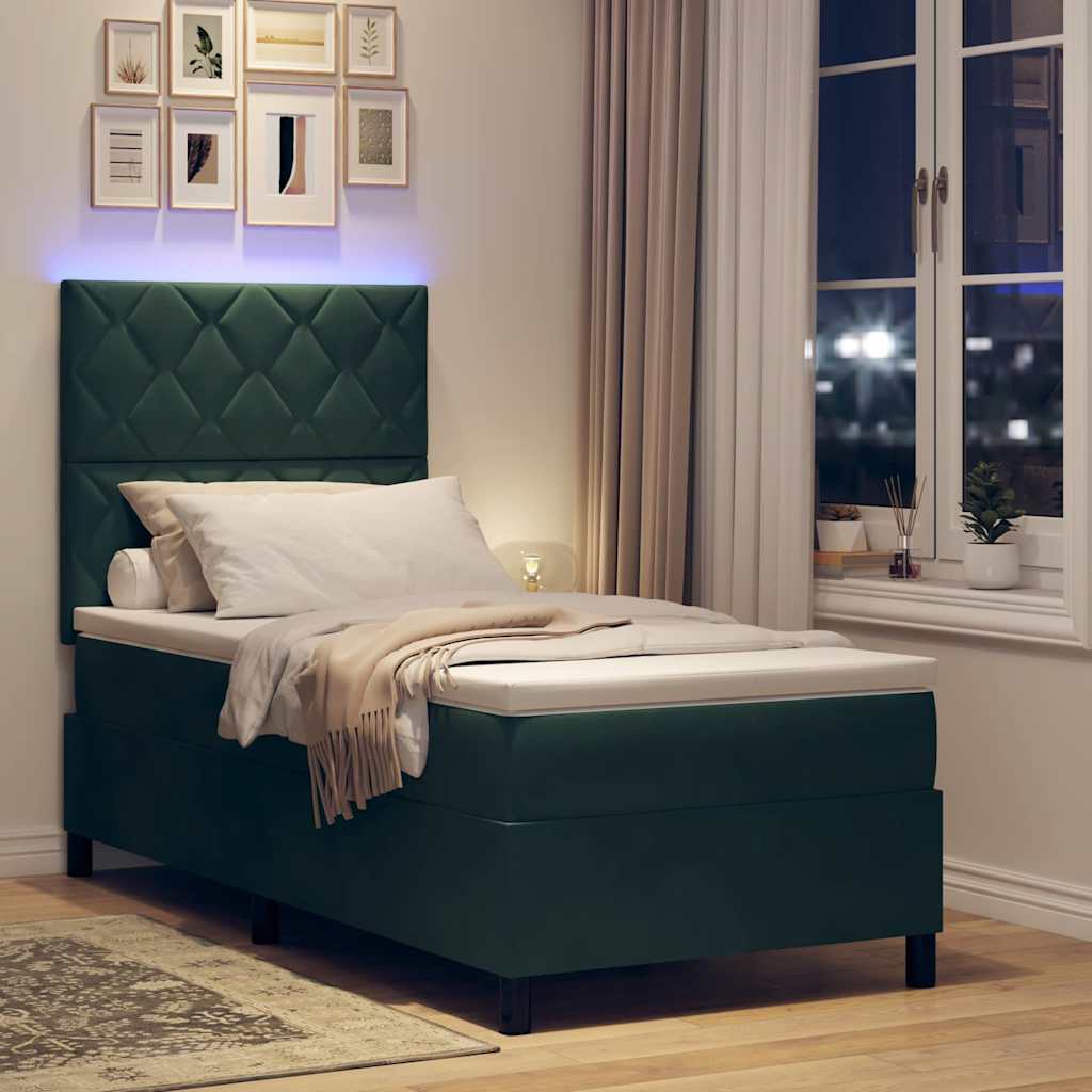 vidaXL LED Κρεβάτι με βάθρο Σκούρο Πράσινο 90 x 190 cm Βελούδο