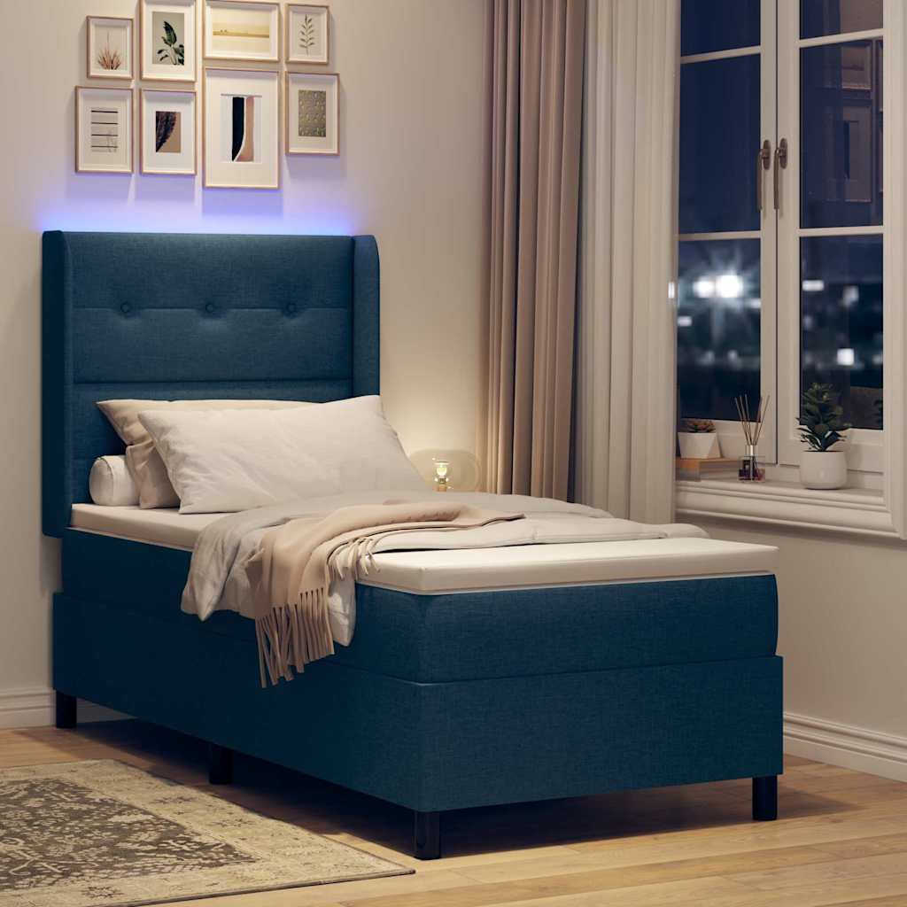 vidaXL LED Κρεβάτι με βάθρο με κεφαλάρι Μπλε 90 x 200 cm ύφασμα