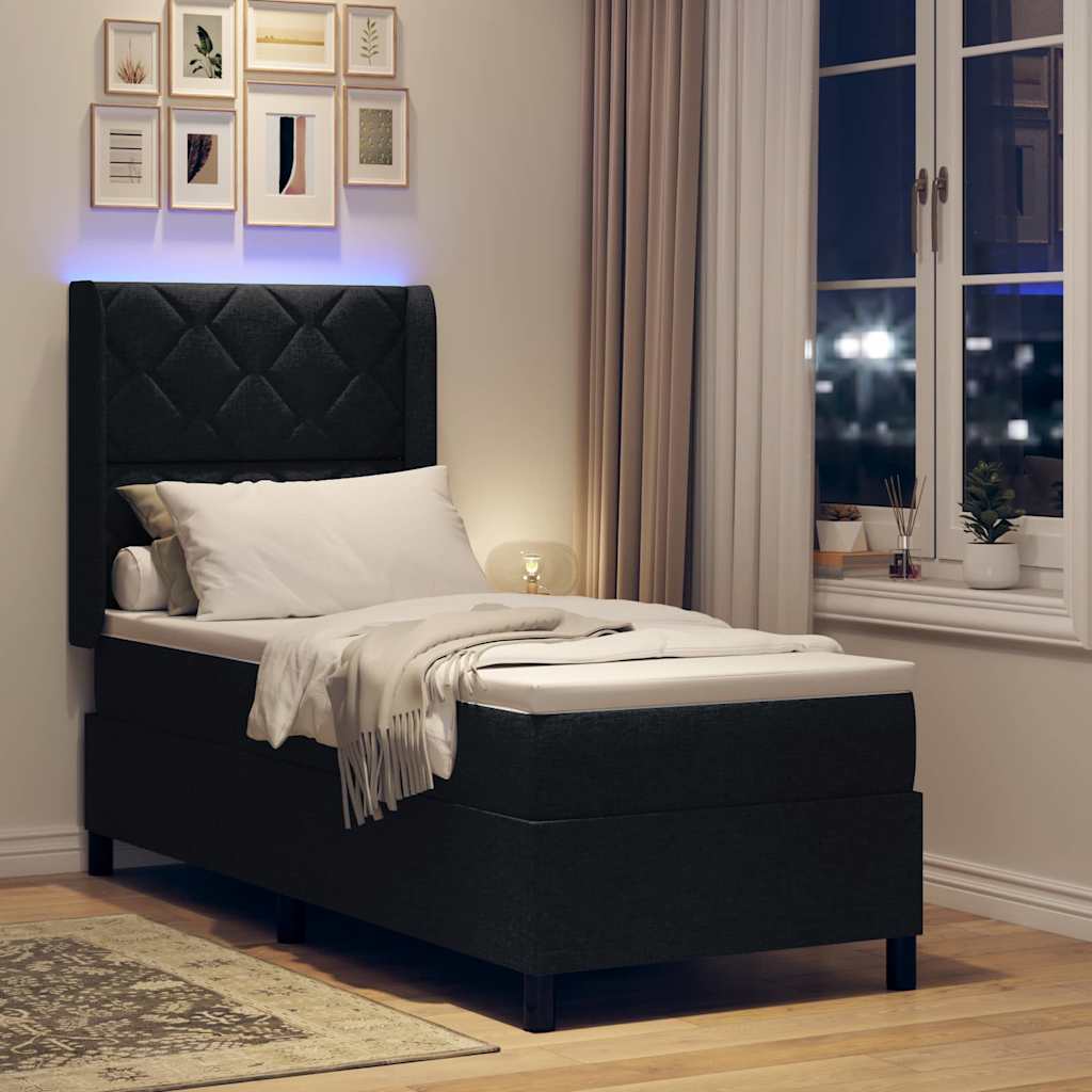 vidaXL LED Κρεβάτι με βάθρο με κεφαλάρι Μαύρο 90 x 190 cm ύφασμα