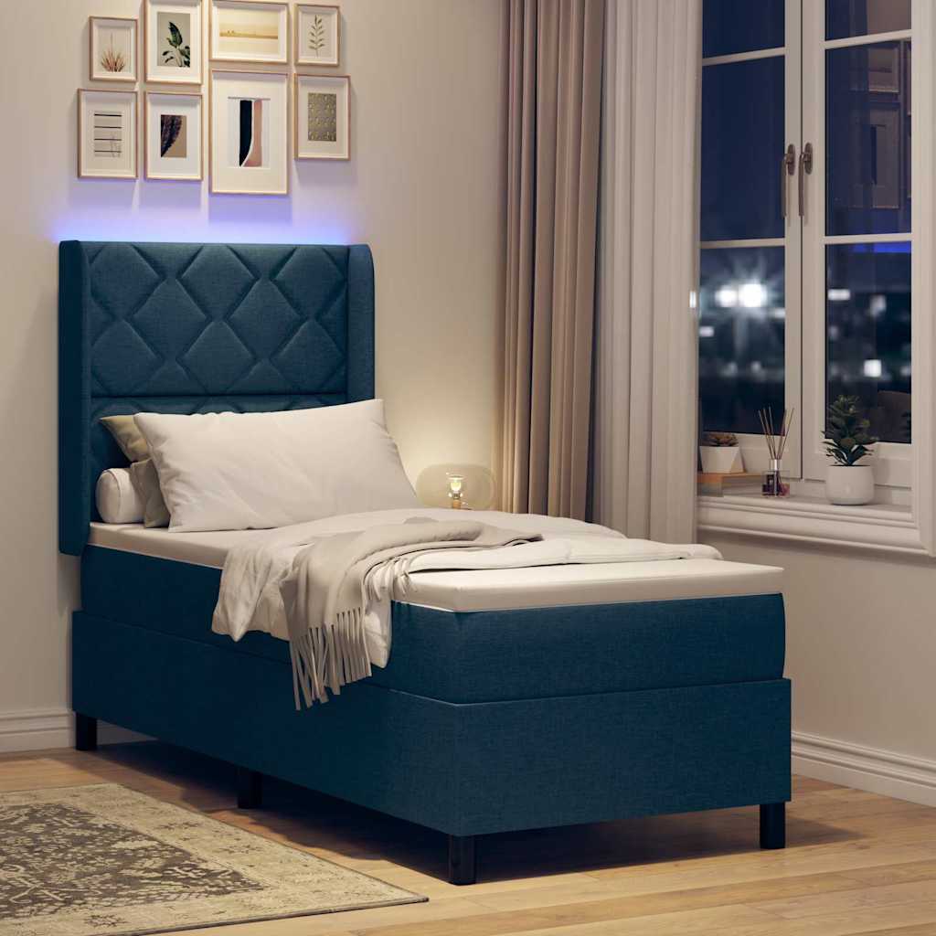 vidaXL LED Κρεβάτι με βάθρο με κεφαλάρι Μπλε 90 x 190 cm ύφασμα