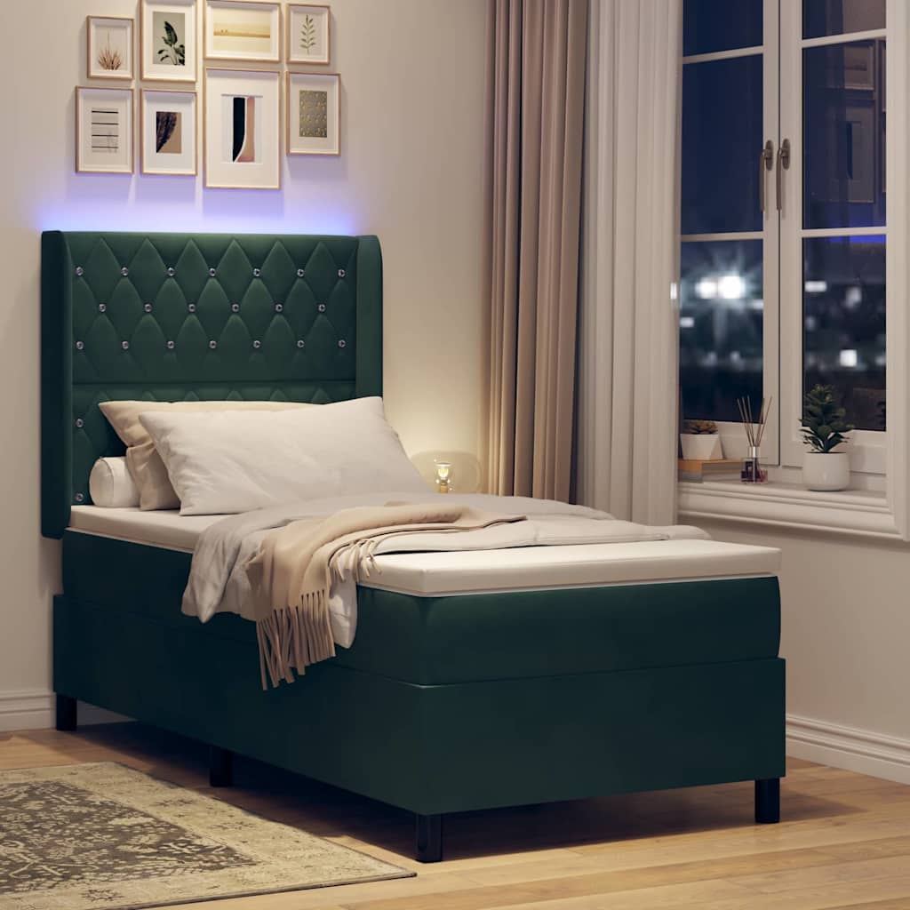 vidaXL Κρεβάτι με ελατήρια με led Σκούρο Πράσινο 100 x 200 cm Βελούδο