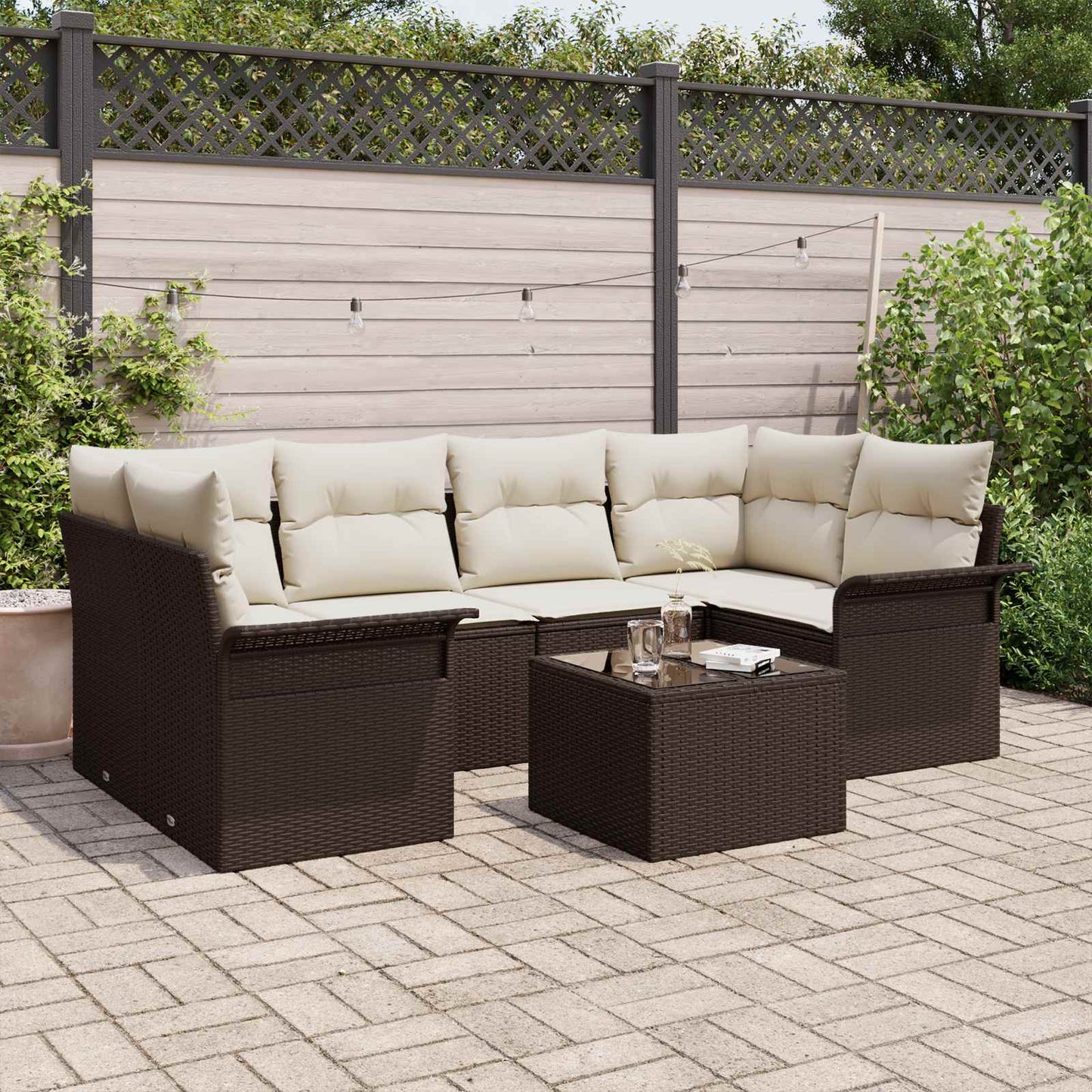 vidaXL Σετ Καναπέ Κήπου 7 pcs 6-Seater Καφέ και Κρεμ συνθετικό ρατάν