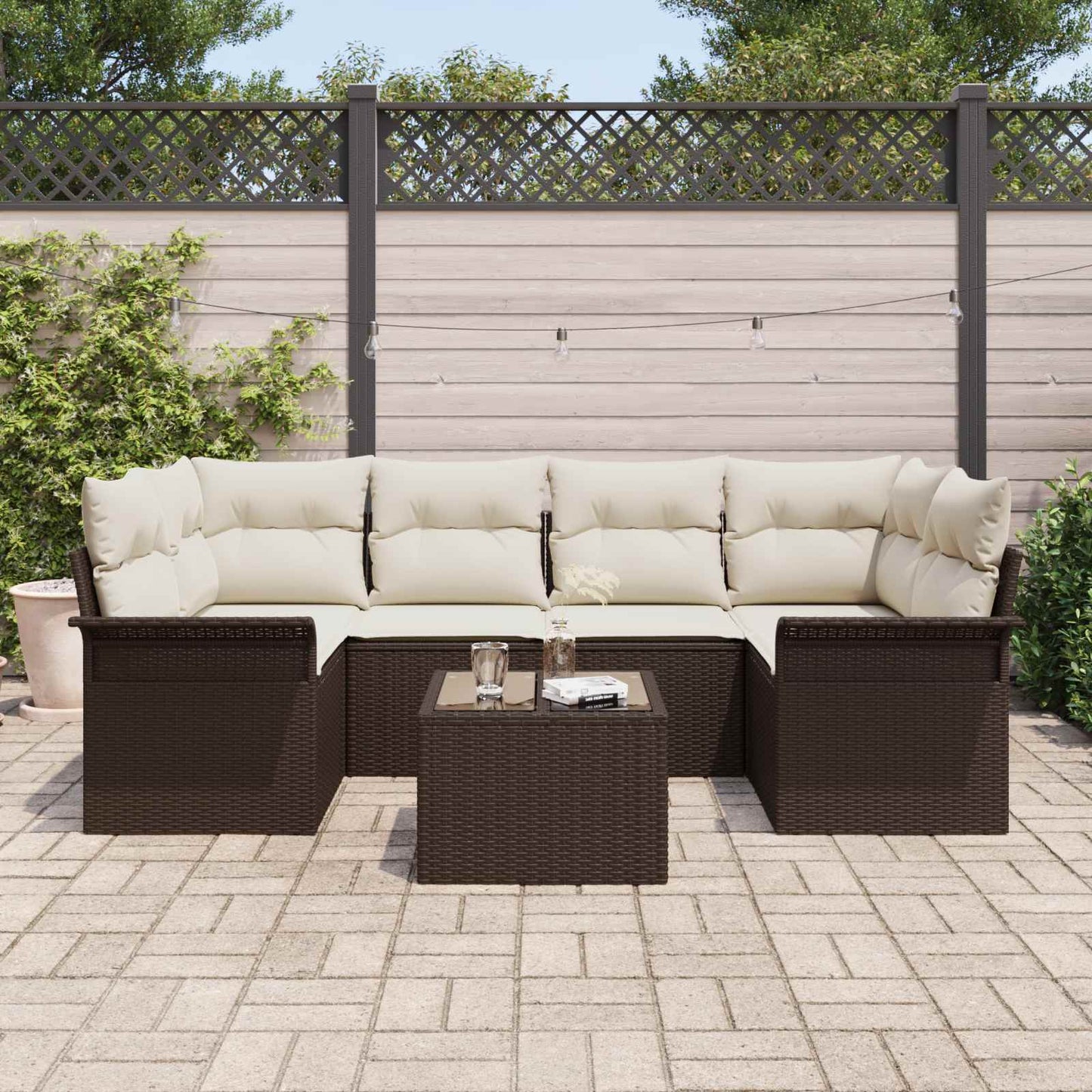 vidaXL Σετ Καναπέ Κήπου 7 pcs 6-Seater Καφέ και Κρεμ συνθετικό ρατάν