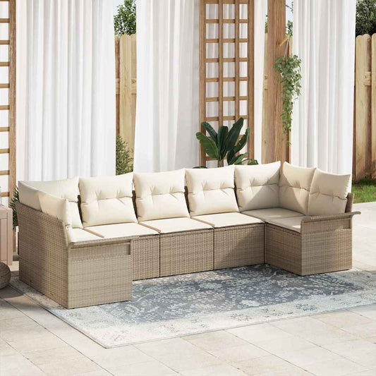 vidaXL Σετ Καναπέ Κήπου με μαξιλάρι 7 pcs Μπεζ Πολυ ράταν