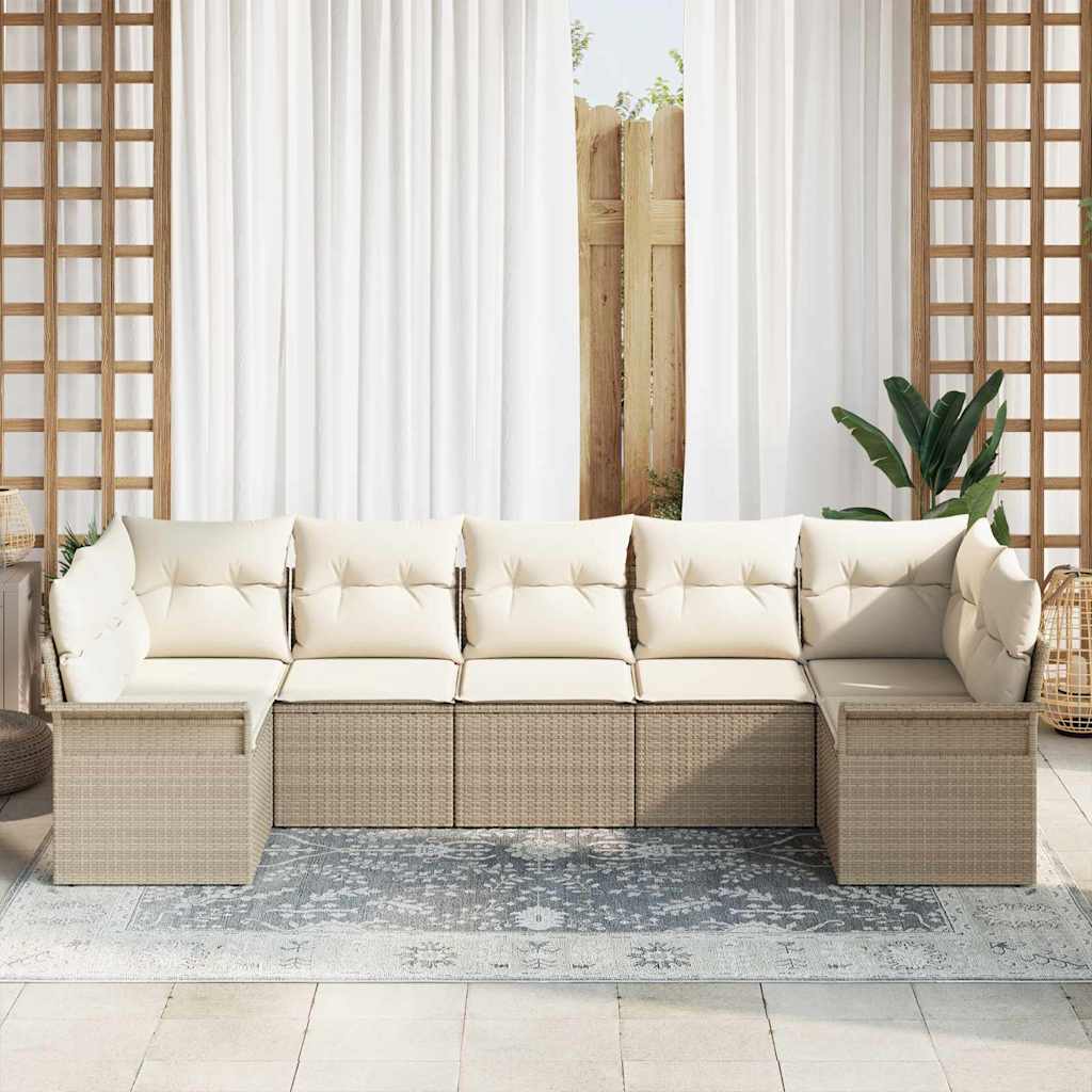vidaXL Σετ Καναπέ Κήπου με μαξιλάρι 7 pcs Μπεζ Πολυ ράταν