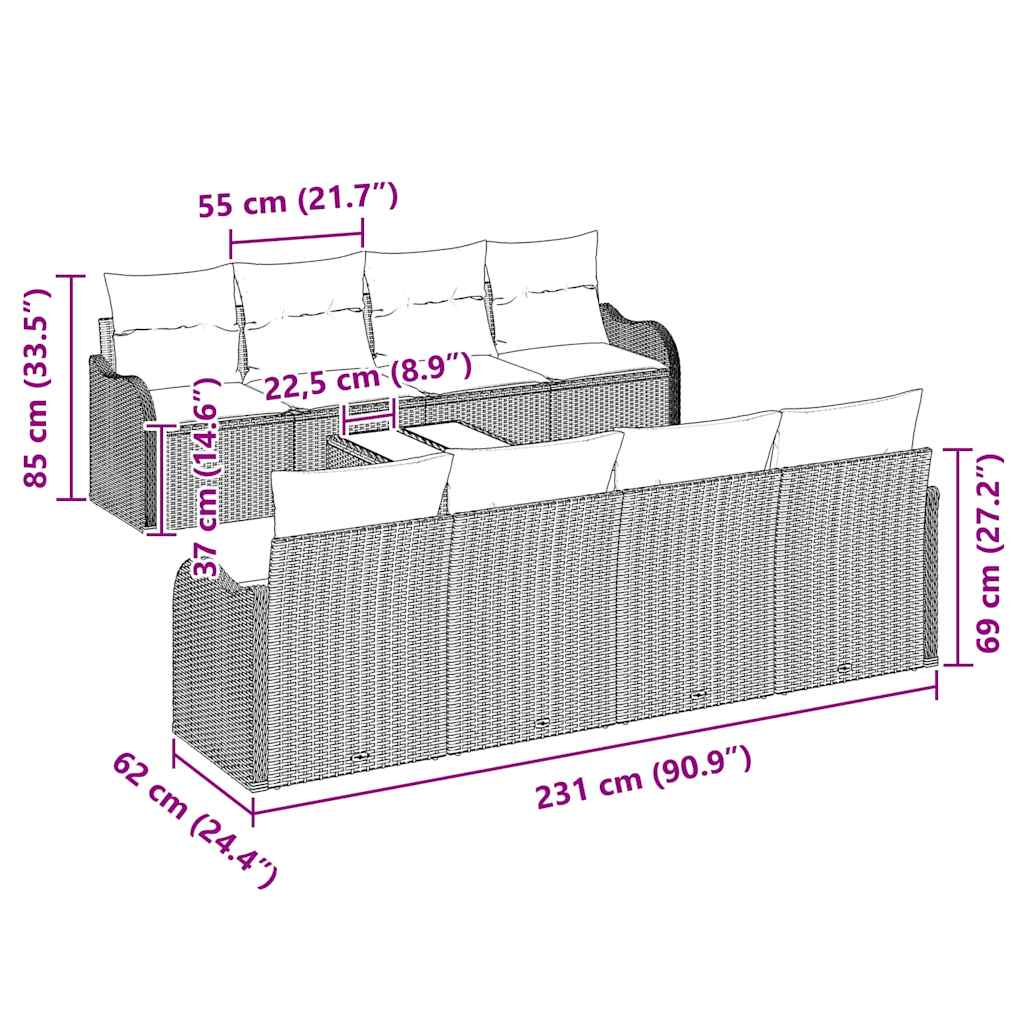 vidaXL Σετ 9 Τεμαχίων Καναπέ Κήπου με Μαξιλάρια Καφέ Πολυ Ρατάν