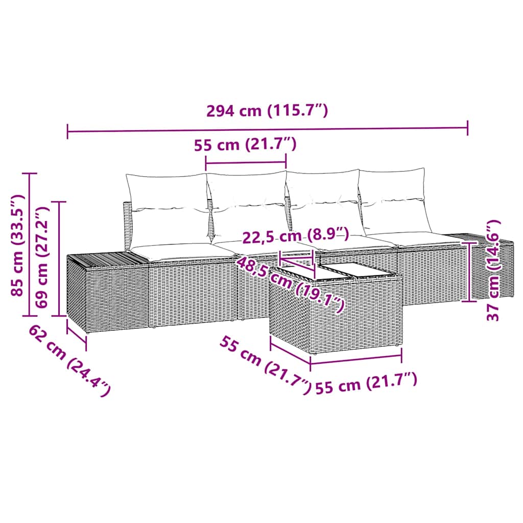 vidaXL Σετ Καναπέ Κήπου 5 Τμχ με Μαξιλάρια Μπεζ Πολυ Ρατάν