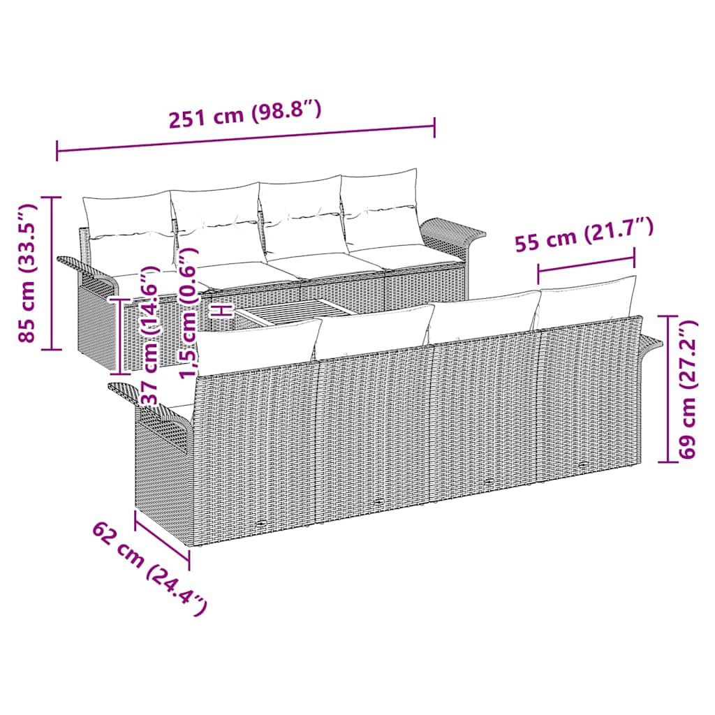 vidaXL 9 Τεμαχίων Σετ Καναπέ Κήπου με Μαξιλάρια Μπεζ Πολυ Ράτα Ακακία