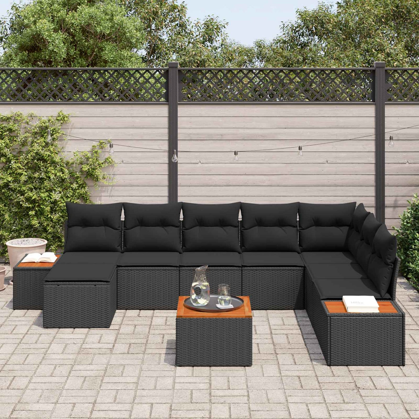 vidaXL Σετ Καναπέ Κήπου με μαξιλάρι 9 pcs Μαύρο Πολυρατάν