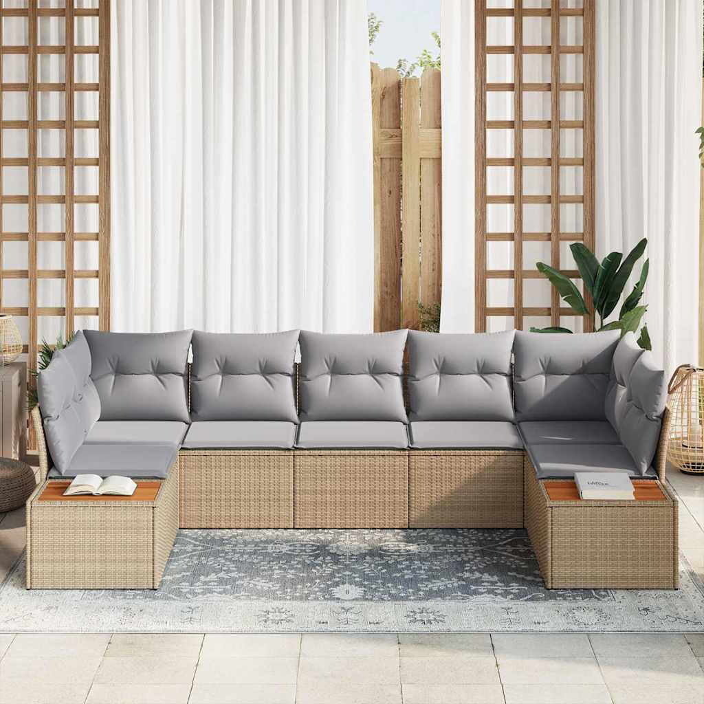 vidaXL Σετ Καναπέ Κήπου 7 Τεμαχίων με Μαξιλάρια Μπεζ Πολυ Ρατάν Ακακία