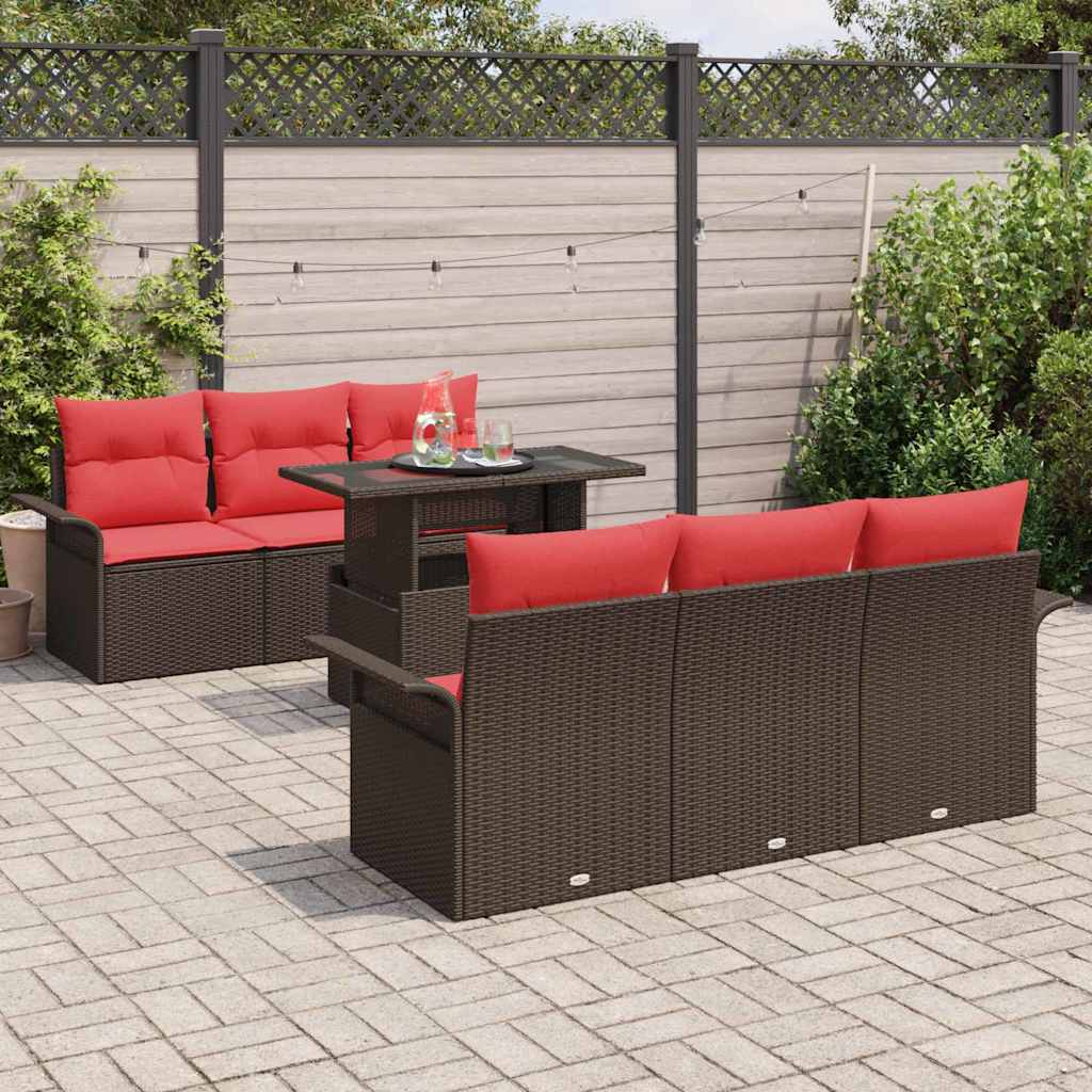 vidaXL Σετ Καναπέ Κήπου με μαξιλάρι 7 pcs Καφέ Πολυ Ρατάν