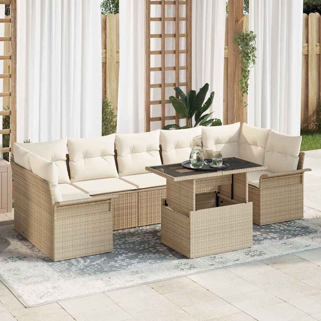 vidaXL Σετ Καναπέ Κήπου με μαξιλάρι 8 pcs Μπεζ Πολυ Ρατάν
