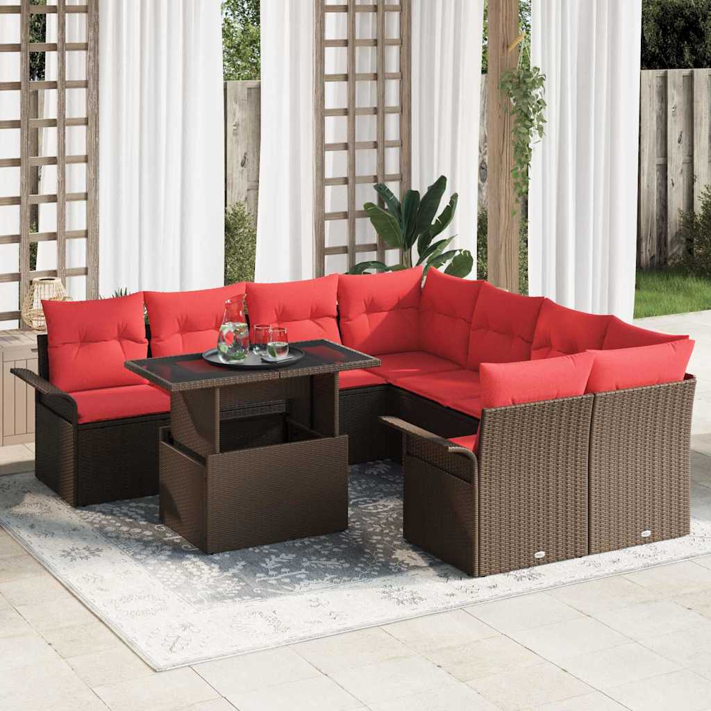 vidaXL Σετ Καναπέ Κήπου με μαξιλάρι 9 pcs Καφέ Πολυ Ρατάν