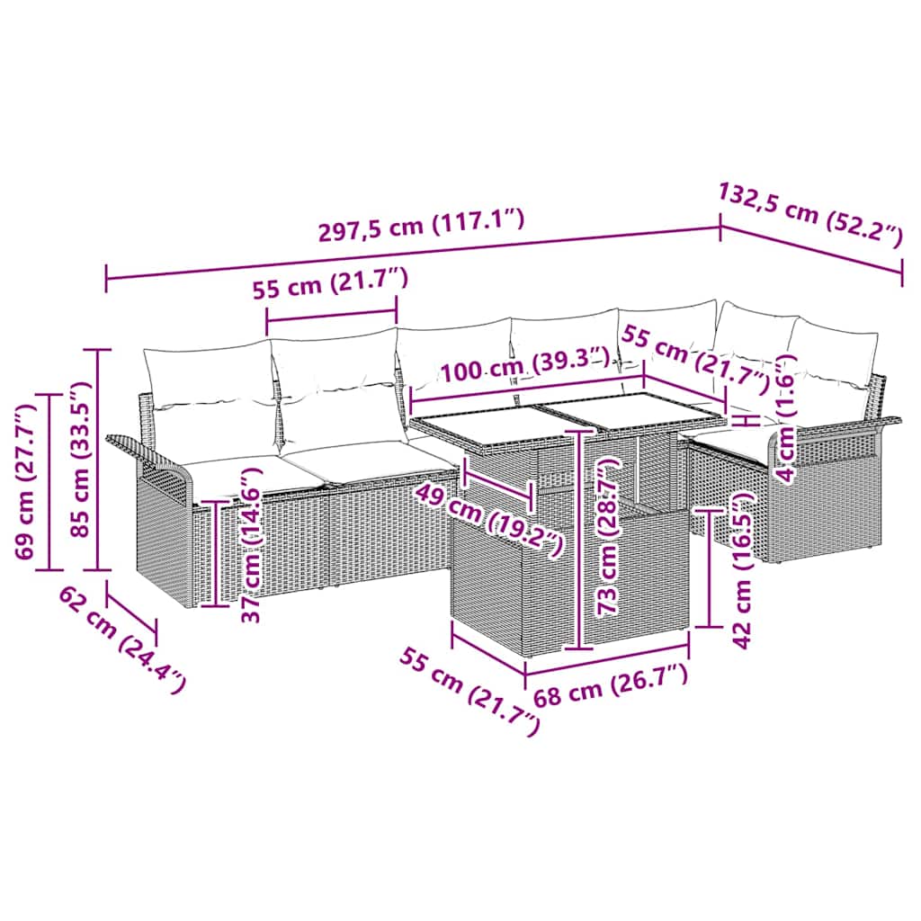 vidaXL Σετ Καναπέ Κήπου με μαξιλάρι 7 pcs Μαύρο Πολυ ράταν