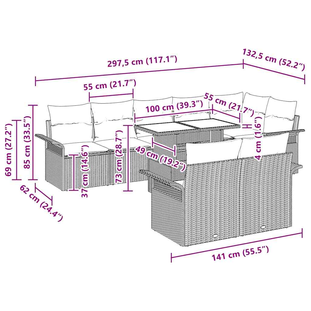 vidaXL Σετ Καναπέ Κήπου με μαξιλάρι 9 pcs Μαύρο Πολυ ράταν