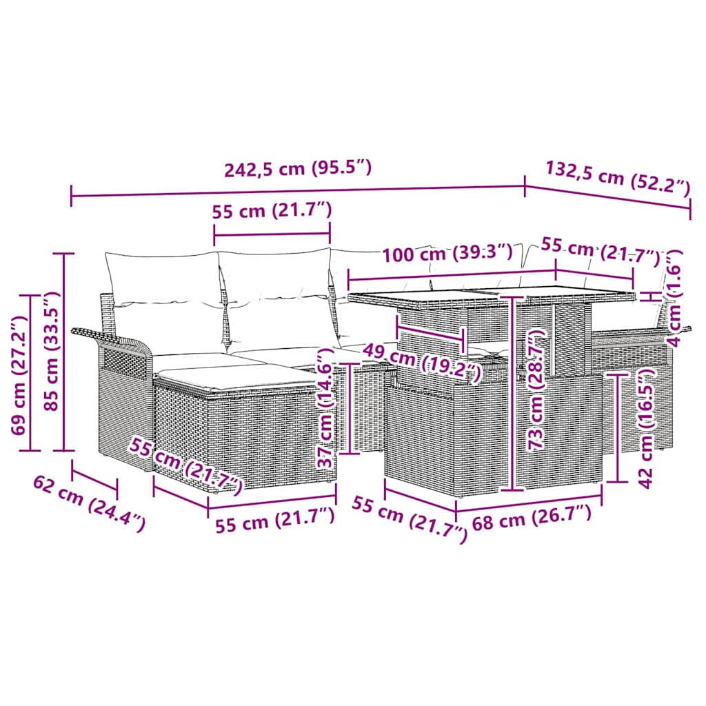 vidaXL Σετ Καναπέ Κήπου με μαξιλάρι 7 pcs Μπεζ Πολυ ράταν