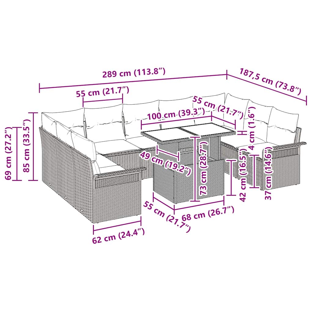 vidaXL Σετ Καναπέ Κήπου 10 pcs Μαύρο 100 x 55 x 73 εκ Πολυ ράταν