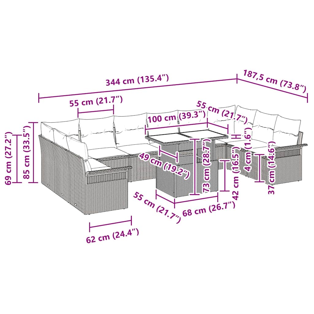 vidaXL Σετ Καναπέ Κήπου με μαξιλάρι με μαξιλάρι 11 pcs Μπεζ Πολυ Ρατάν
