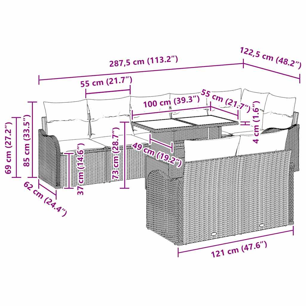 vidaXL Σετ Σαλονιού Κήπου 9 τμχ με μαξιλάρια Καφέ Πολυρατάν