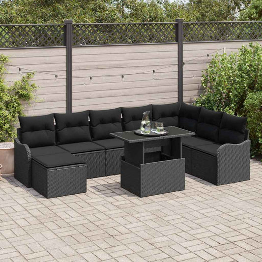vidaXL Σετ Καναπέ Κήπου με μαξιλάρι 9 pcs Μαύρο Πολυ ράταν