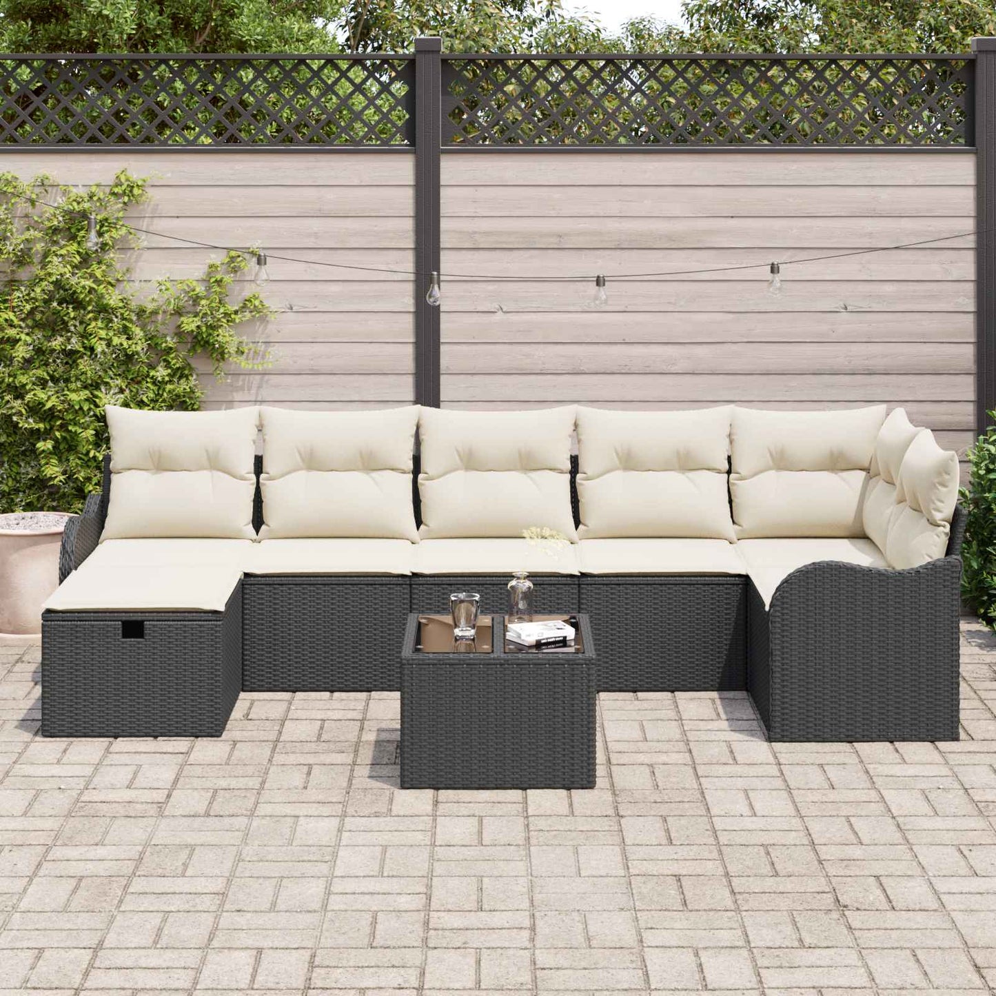 vidaXL Σετ Καναπέ με μαξιλάρι 8 pcs Μαύρο και Κρέμα συνθετικό ρατάν
