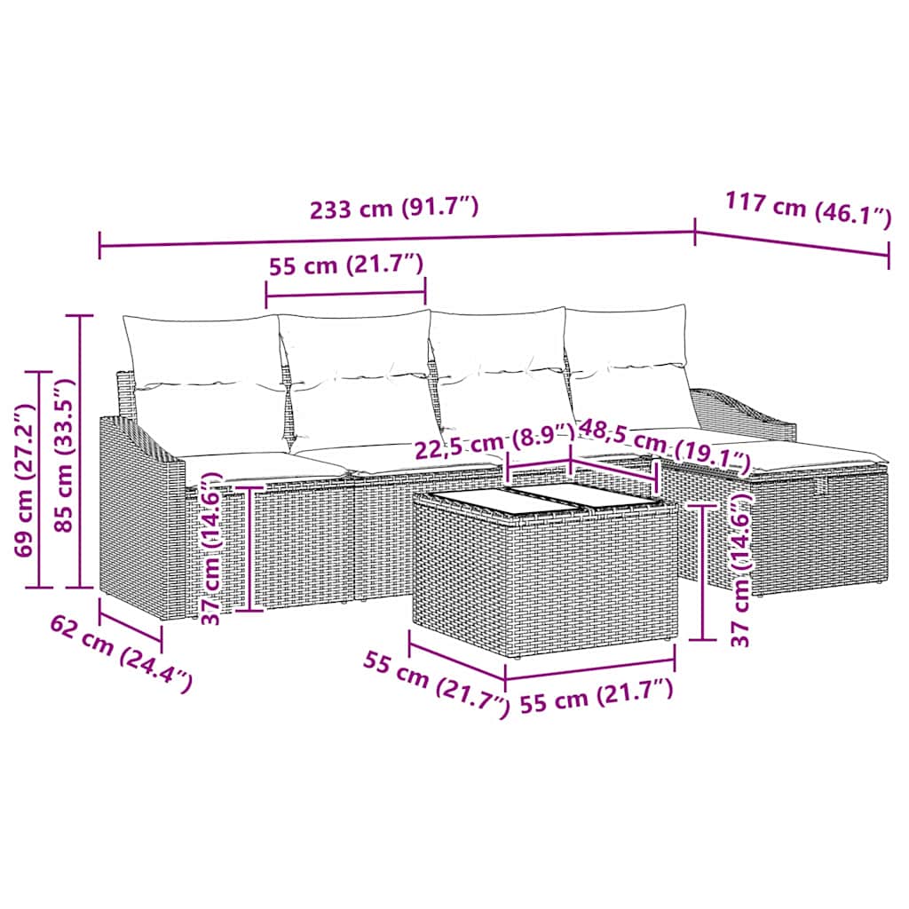 vidaXL Σετ Καναπέ Κήπου 6 Τεμαχίων με Μαξιλάρια Μαύρος Πολυ Ρατάν