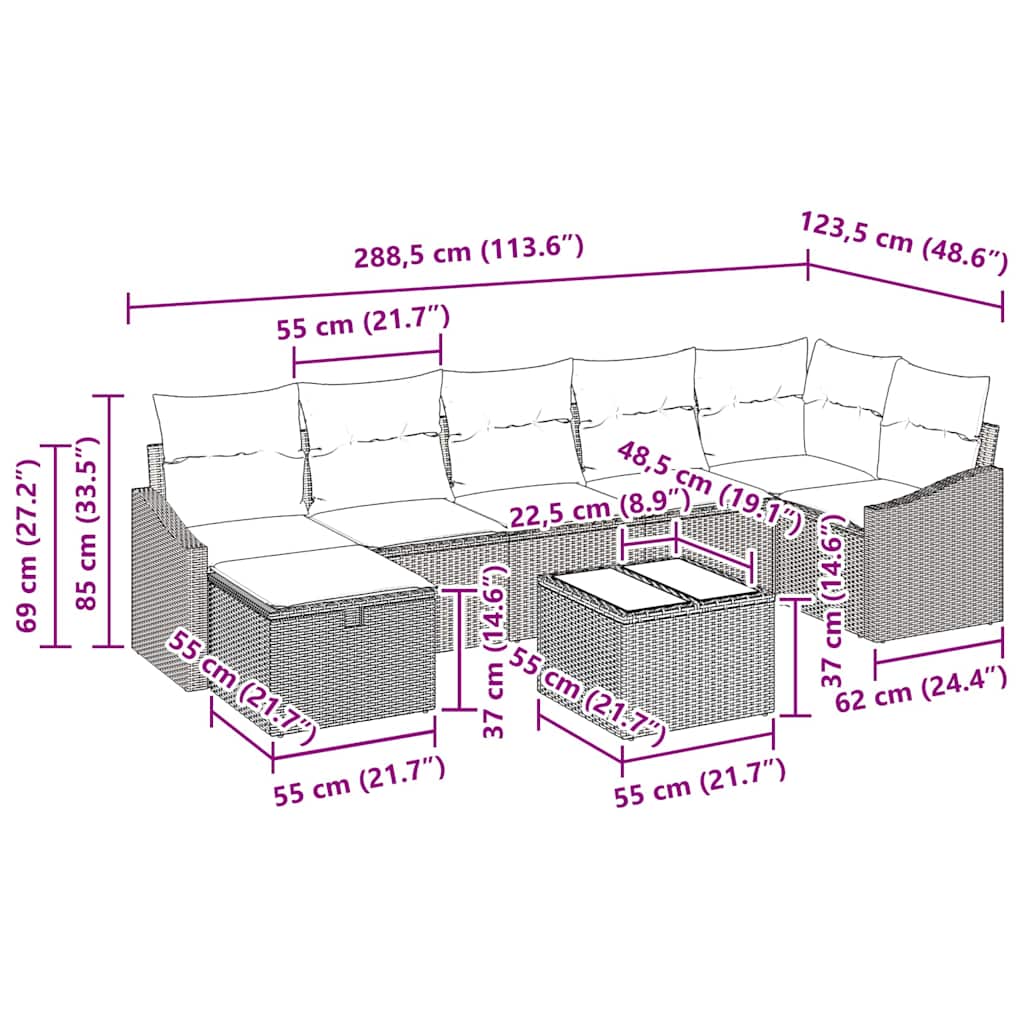 vidaXL Σετ 8 τεμαχίων καναπέ κήπου με μαξιλάρια μαύρου συνθετικού ρατάν