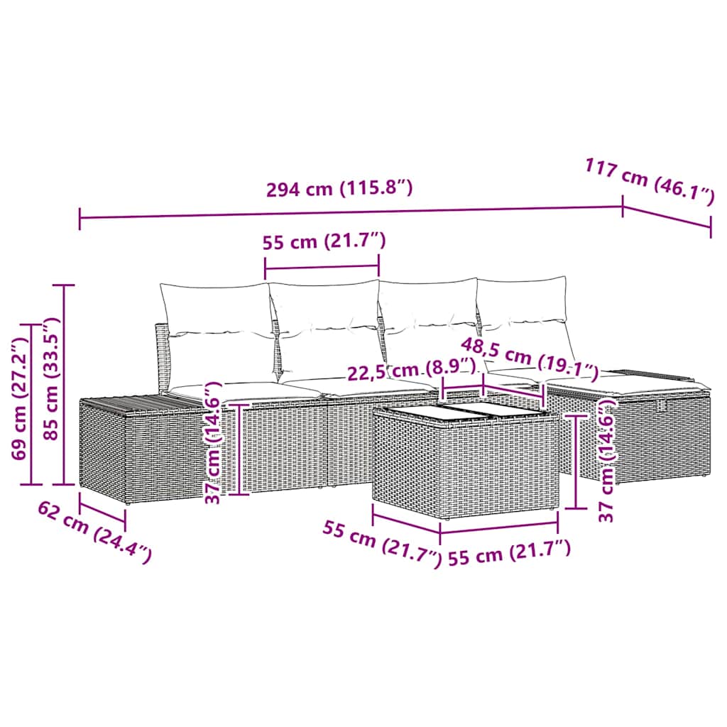 vidaXL Σετ Καναπέ Κήπου με μαξιλάρι 6 pcs Μπεζ Πολυ ράταν