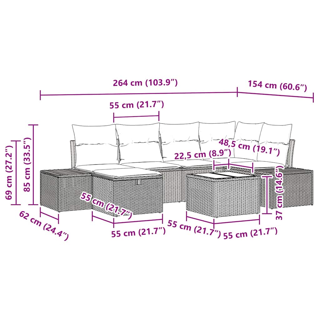 vidaXL Σετ Καναπέ Κήπου 7 τεμαχίων με Μαξιλάρια Καφέ Πολυ Ρατάν